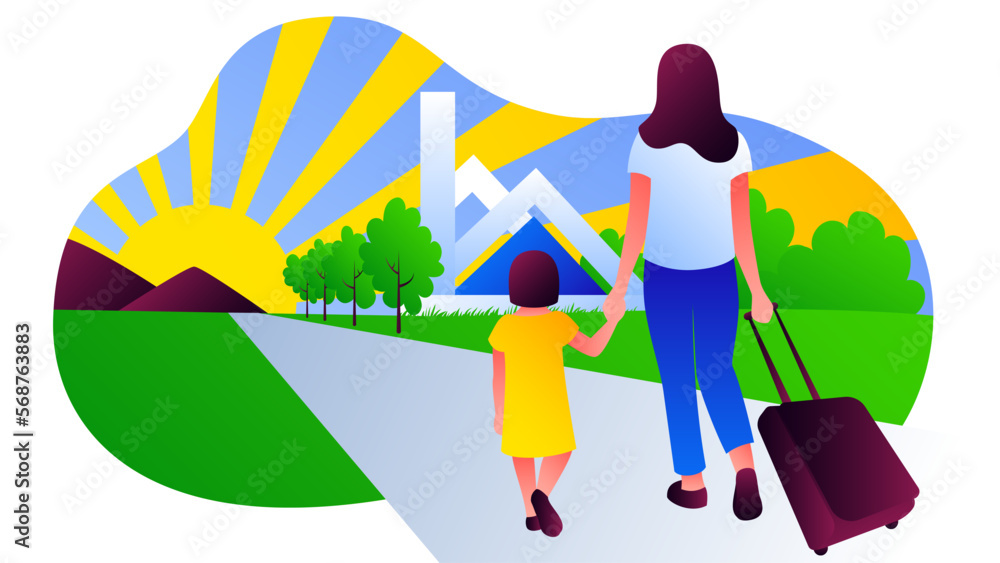A girl and her mother return home. Vector illustration