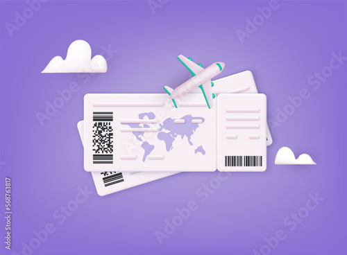 Buying tickets online concept. 3D airline boarding pass ticket, ready for tourism and travel planning a summer vacation concept. 3D Web Vector Illustrations.