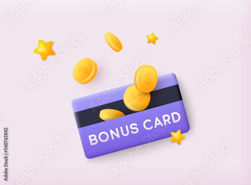 Bonus card, loyalty program, earn reward. 3D Web Vector Illustrations.