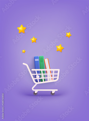 Shopping trolley with color books. Shopping cart with books. 3D Web Vector Illustrations.