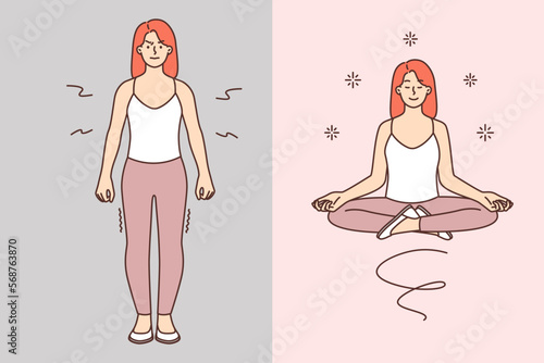 Angered woman becomes calm after meditation practice from yoga in lotus position