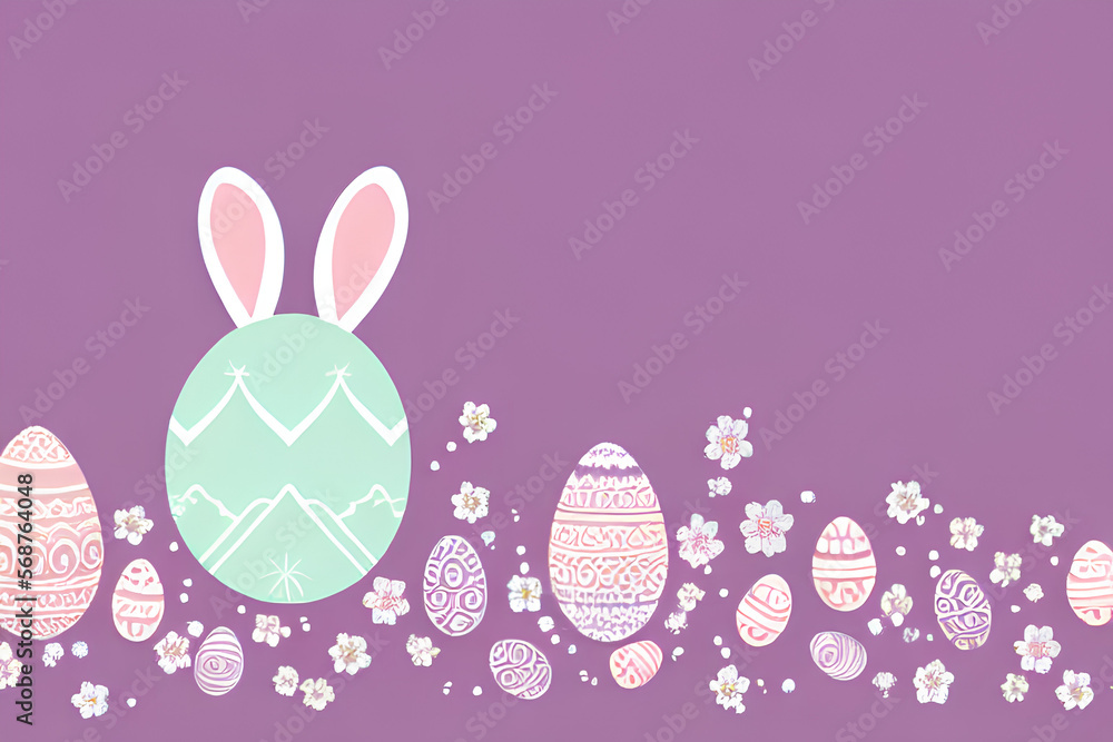 Easter Egg Bunny And Decorative Easter Eggs With Plain Purple Background created with Generative AI technology Easter Egg Bunny And Decorative Easter Eggs With Plain Purple Background created with Generative AI technology