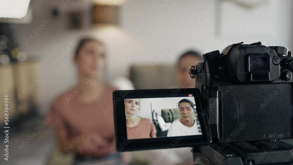 Selective focus on two female vloggers recording a movie. Shot with RED helium camera in 8K. Selective focus on two female vloggers recording a movie. Shot with RED helium camera in 8K.