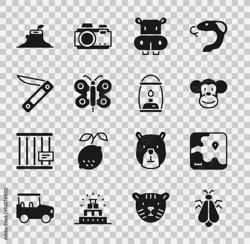 Set Mosquito, Africa safari map, Monkey, Hippo or Hippopotamus, Butterfly, Swiss army knife, Tree stump and Camping lantern icon. Vector