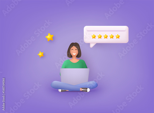 Woman Character Giving Five Star Feedback. Vector customer review concepts. Reviews stars with good and bad rate and text. 3D Web Vector Illustrations.
