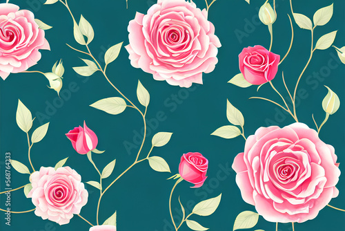 Beautiful Repeating Rose Flower Patterns On A Plain Dark Green Background created with Generative AI technology