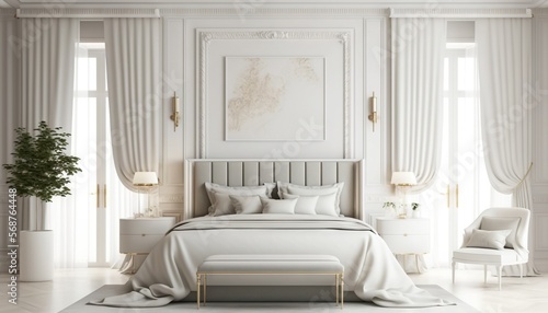 White luxurious bedroom mock-up with frame for picture generative ai