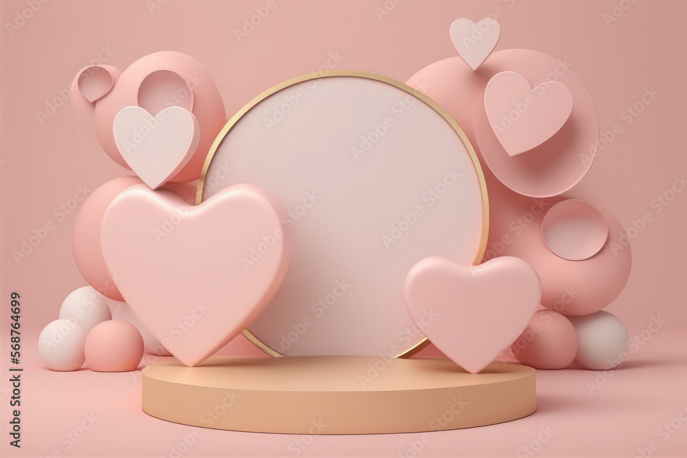 Illustration of a pink product stand with hearts on the theme of valentine's day in 3d style. AI generation
