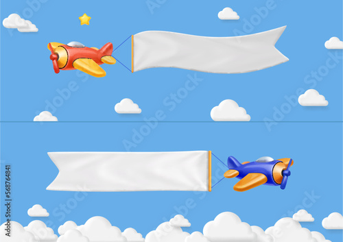 3d retro airplane with advertising banner. Retro flying plane aircraft in a blue sky with empty poster billboard. Vector