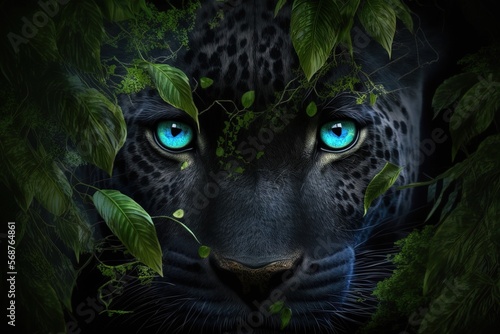 A close up of the blue eyes of a black panther hidden in the jungle. Generative ai