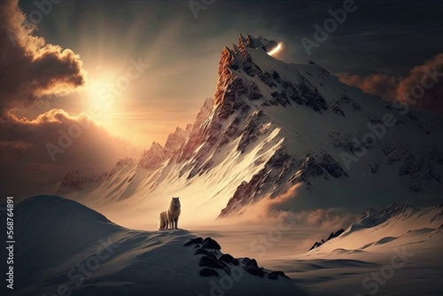 A wolf howling at the top of a peak of a snowed mountain at sunset. Generative ai