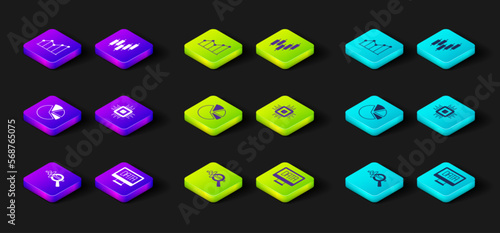 Set Search data analysis, Data, Pie chart infographic, Processor CPU, Browser with stocks market and icon. Vector