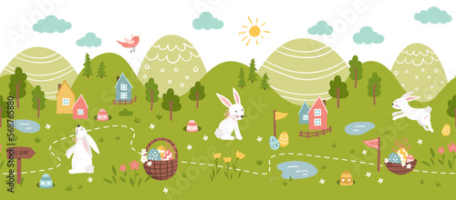 Cute Easter Egg hunt design, map for children, hand drawn with cute bunnies, eggs and decorations - great for invitations, banners, wallpapers - vector