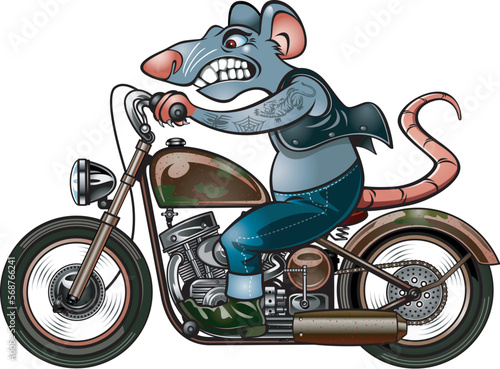 Cartoon style rat riding on a vintage motorcycle