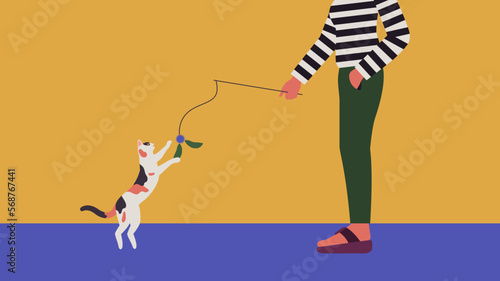 Cat pet playing with feather toy teaser stick with woman owner minimal illustration