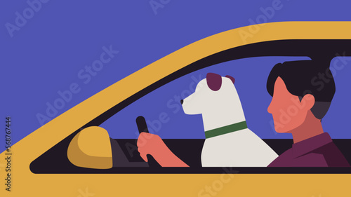 Man driving with dog pet at car window minimal illustration