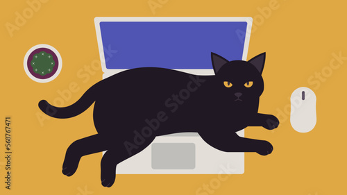 Cat pet laying sitting on laptop stares menacingly minimal illustration