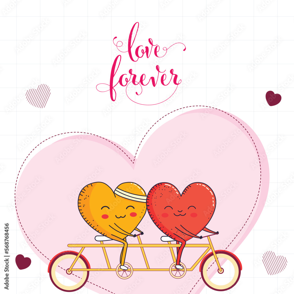 Smiley Hearts Shape Couple Riding Tandem Bicycle For Valentine's Day Concept. LOVE FOREVER Message Text.