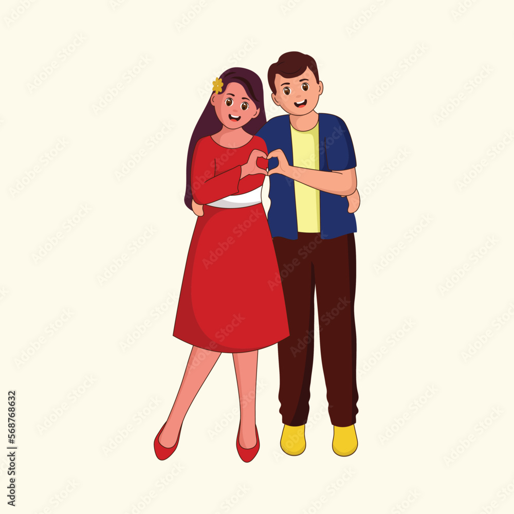 Illustration Of Cheerful Young Couple Making A Heart From Their Hands In Standing Pose. Illustration Of Cheerful Young Couple Making A Heart From Their Hands In Standing Pose.