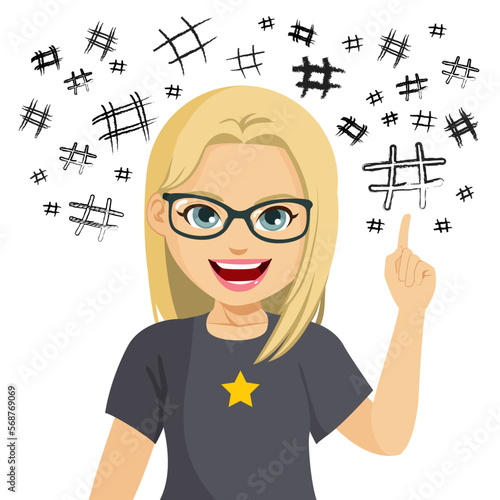 Vector illustration of happy girl pointing at hand drawn big hashtag symbol setting trend on internet isolated on white background. Attention to interesting post concept