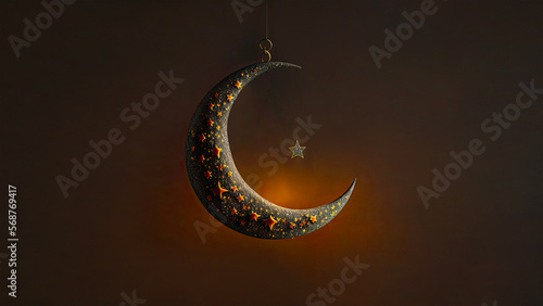 3D Render of Beautiful Hanging Carved Moon With Shiny Star On Dark Background. Islamic Religious Concept.