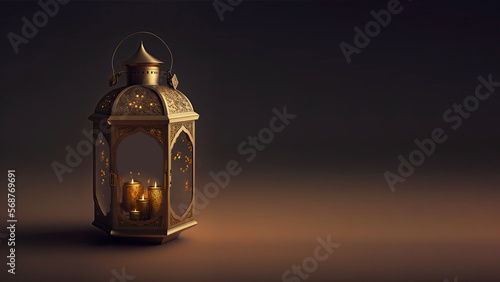 Realistic Illuminated Arabic Lantern On Dark Background. Islamic Religious Concept. 3D Render.