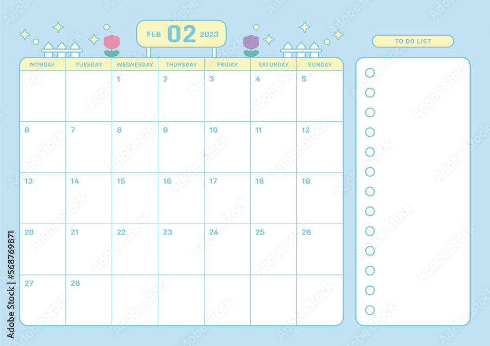February 2023 simple design digital and printable calendar template