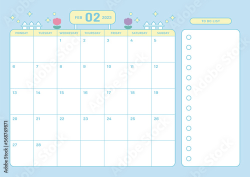 February 2023 simple design digital and printable calendar template illustration. Notes, scheduler, diary, calendar, memo, planner document template background. 