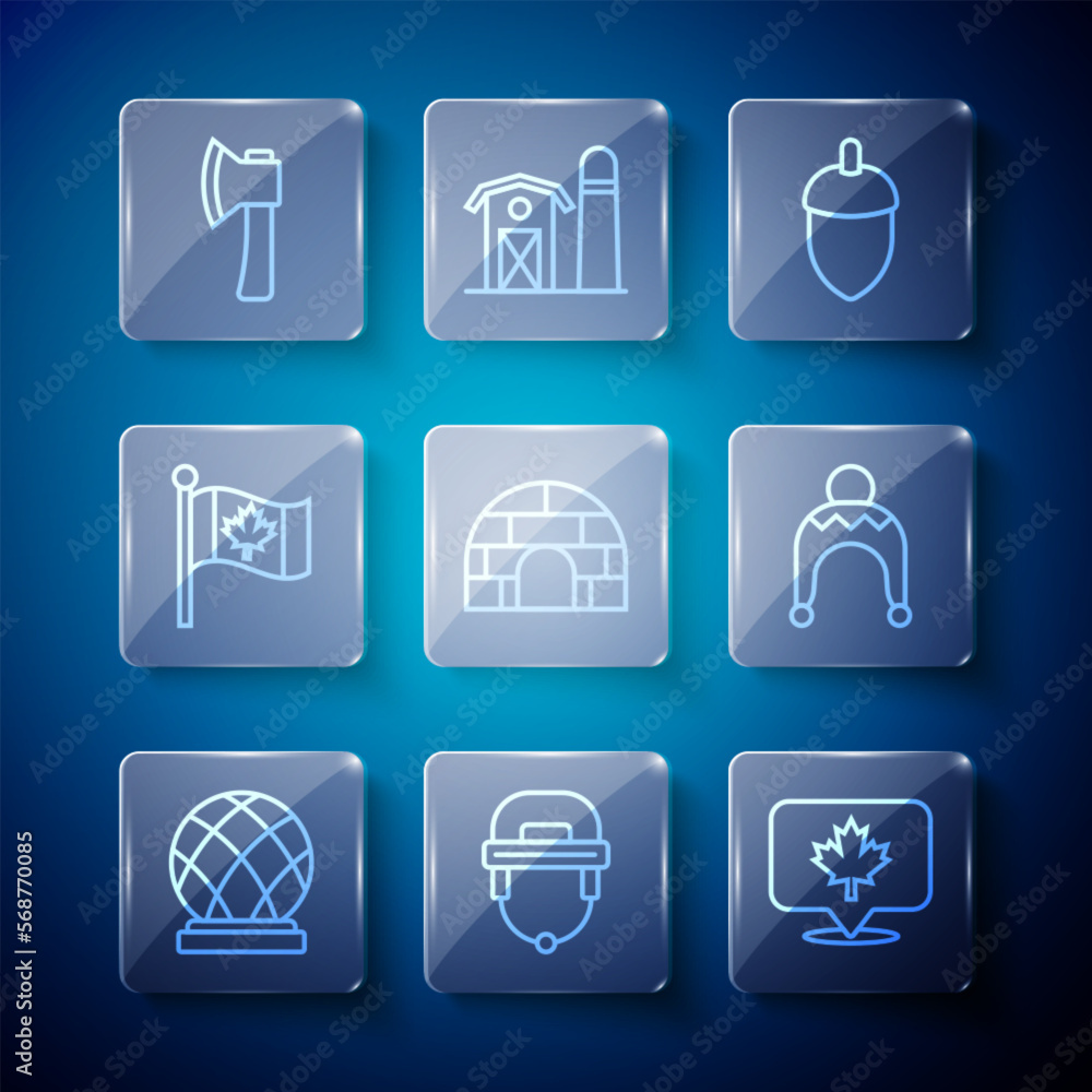 Set line Montreal Biosphere, Hockey helmet, Canadian maple leaf, Acorn, Igloo ice house, Flag of Canada, Wooden axe and Winter hat icon. Vector Set line Montreal Biosphere, Hockey helmet, Canadian maple leaf, Acorn, Igloo ice house, Flag of Canada, Wooden axe and Winter hat icon. Vector