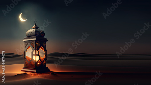 3D Render of Illuminated Arabic Lamp On Sand Dune And Realistic Crescent Moon. Islamic Religious Concept.