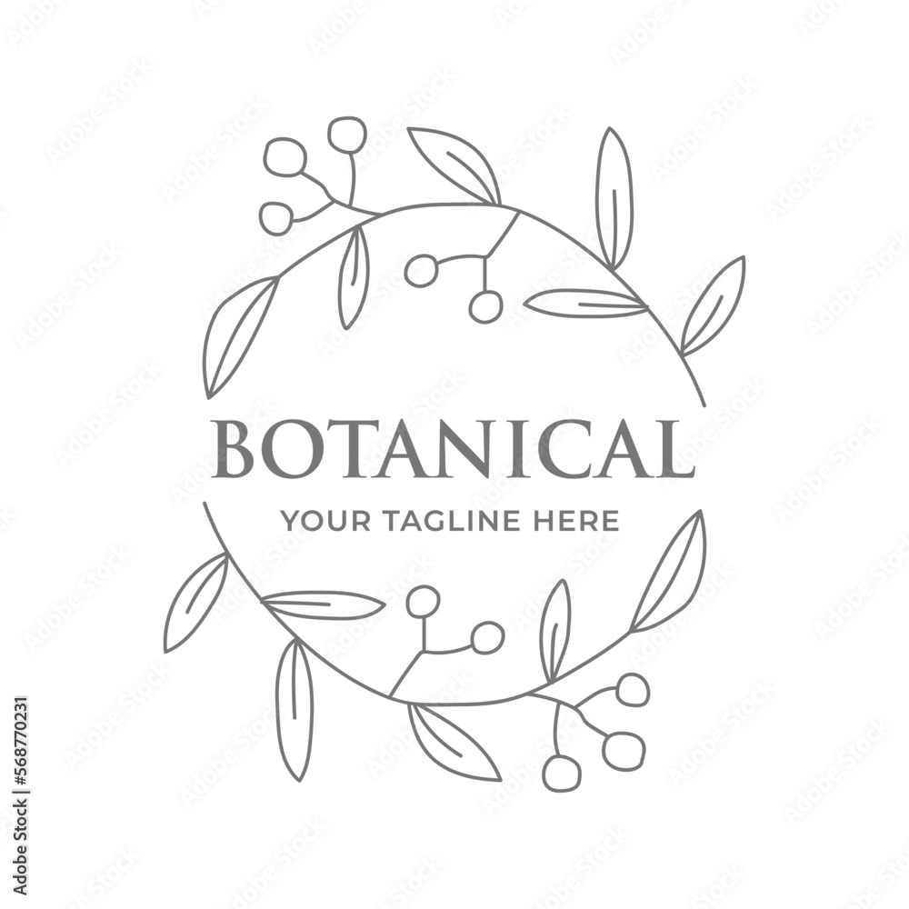 Vector floral hand drawn logo template in elegant and minimal style white background illustration. Circle frames logos. For badges, labels, logotypes and branding business identity