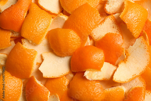 Bild auf Leinwand Many orange peels preparing for drying as background, closeup