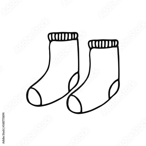 A pair of warm socks. A kind of fabric underwear, an item of paired clothing. Doodle. Hand drawn. Vector illustration. Outline.
