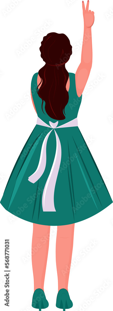 Rear View of Modern Young Girl Showing Peace Sign In Standing Pose. Rear View of Modern Young Girl Showing Peace Sign In Standing Pose.