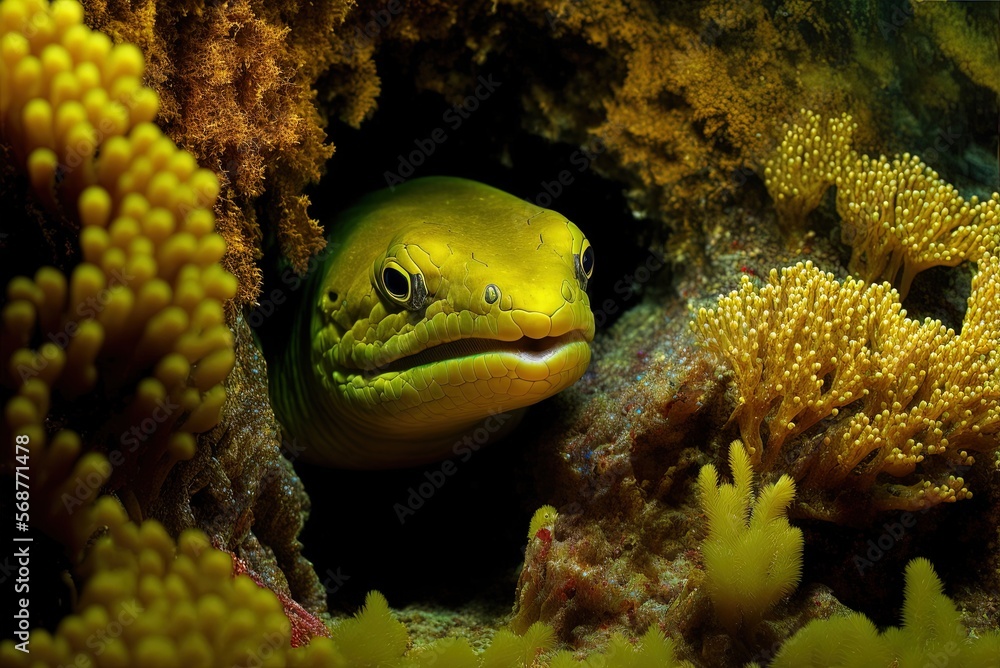 Moray eel, a poisonous fish, hides in a cave amid coral reefs