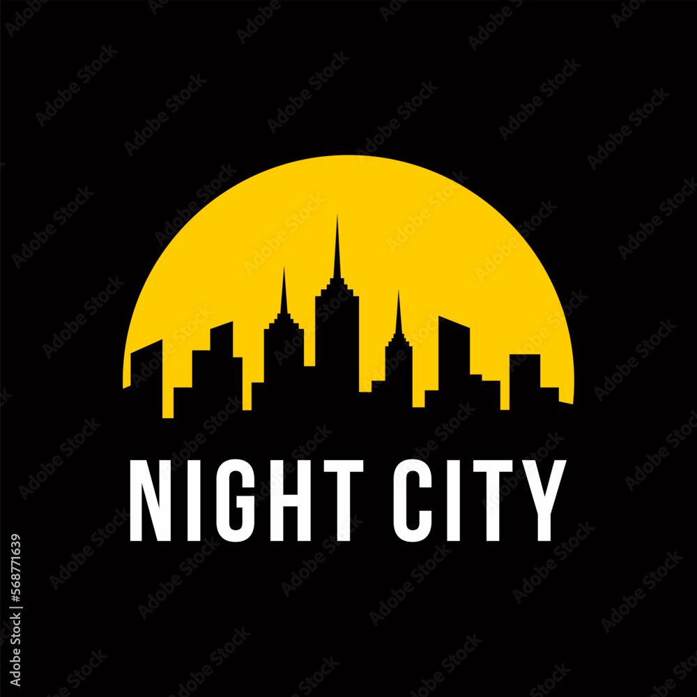 Night city skyline at moon icon logo design template on dark background