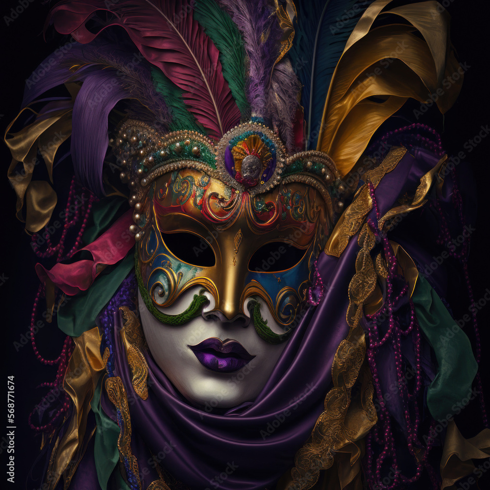 a colorful venetian mask with feathers on dark background, Generative