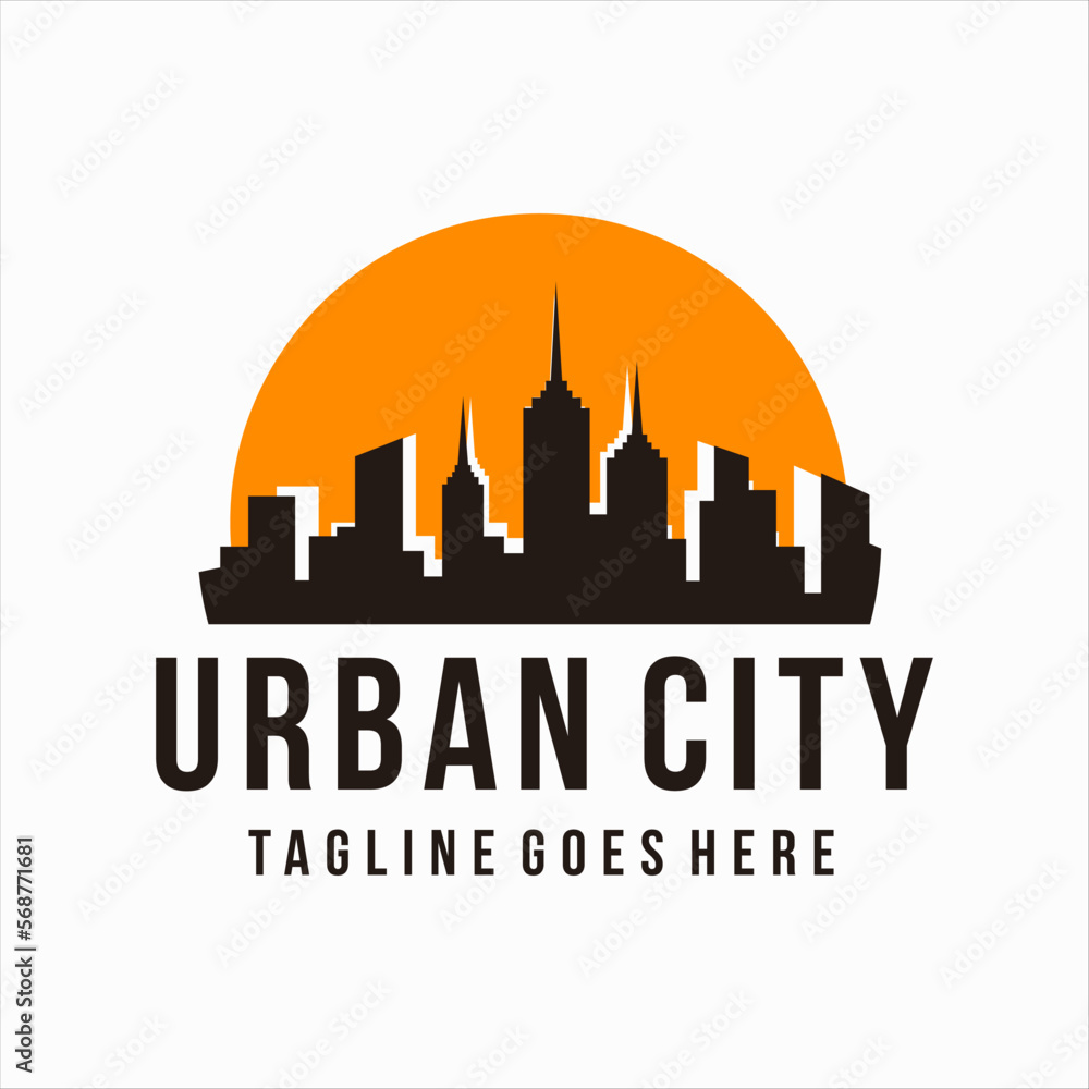 city building with sunset panoramic logo design vector