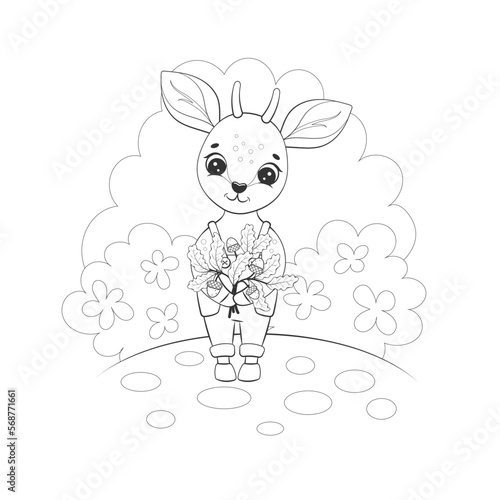 Vector cute antelope baby with oak twigs and acorns. Bambi. Childrens coloring book. Monochrome, black and white graphic. Isolated on white