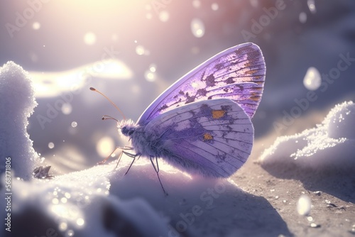 A purple butterfly sitting on top of snow covered ground, blurred and dreamy illustration. Generative Ai art. White sparkles sunlight beams
