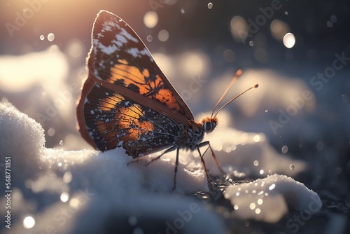 A butterfly sitting on top of snow covered ground, blurred and dreamy illustration. Generative Ai art. White sparkles sunlight beams © Ara Hovhannisyan