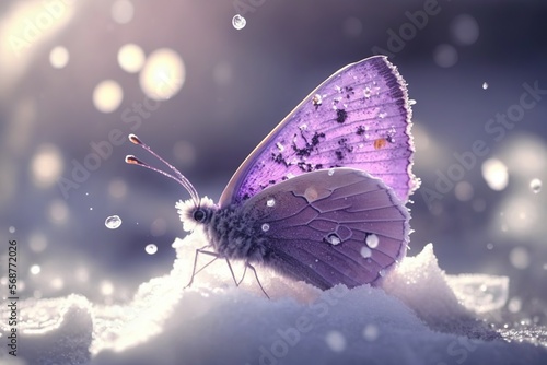 A purple butterfly sitting on top of snow covered ground, blurred and dreamy illustration. Generative Ai art. White sparkles sunlight beams