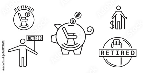 Retirement icons set. Editable vector collection in black color