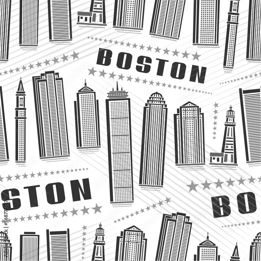 Fototapeta premium Vector Boston Seamless Pattern, square repeating background with illustration of famous boston city scape on white background for wrapping paper, monochrome line art urban poster with dark text boston