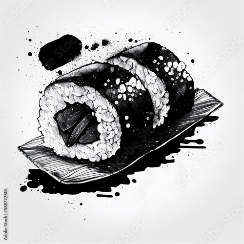 Japanese Sushi Maki Wrapped Rice Seaweed Black Indian Ink Generative AI Tools Technology illustration