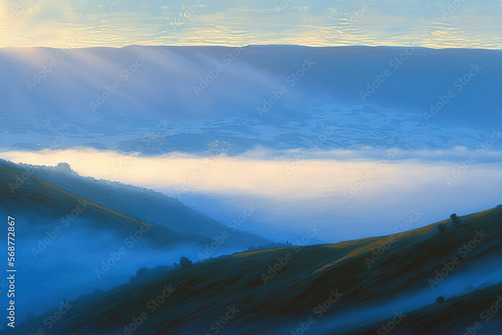 Thick sea of fog rolling over hills, sunrise. Generative AI.