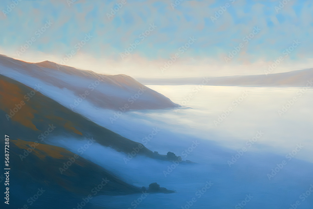 Thick sea of fog rolling over hills, sunrise. Generative AI.