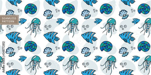 Vector seamless marine pattern with fish, jellyfish, shells, clams for children's textiles, wrapping paper