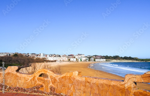 Panoramic view of the first beach of Sardinero (primera playa del Sardinero). Urban beach in the city of Santander, Cantabria, Spain.