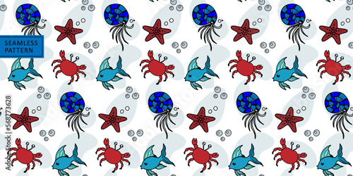 Summer marine seamless pattern with sea stars, clams, fish and crabs for children's textiles, wrapping paper